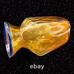 Blenko Vase Cobalt Rim Amber Ribbed Vintage Handmade Rare Art Glass 9T 4W