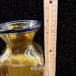 Blenko Vase Cobalt Rim Amber Ribbed Vintage Handmade Rare Art Glass 9T 4W
