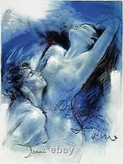 FRAMED nude lovers erotic art mounted print blue picture pencil style rare litho