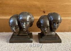 RARE Art Deco 1930s FRANKART New York Cast Metal Singing Head Bookends Am Dram