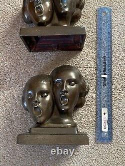 RARE Art Deco 1930s FRANKART New York Cast Metal Singing Head Bookends Am Dram