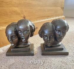 RARE Art Deco 1930s FRANKART New York Cast Metal Singing Head Bookends Am Dram