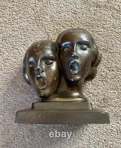 RARE Art Deco 1930s FRANKART New York Cast Metal Singing Head Bookends Am Dram