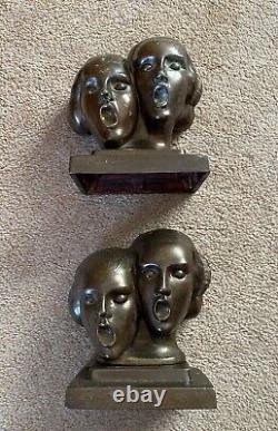 RARE Art Deco 1930s FRANKART New York Cast Metal Singing Head Bookends Am Dram