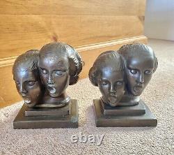 RARE Art Deco 1930s FRANKART New York Cast Metal Singing Head Bookends Am Dram