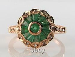 Rare 9ct Rose Gold Rare Emerald Diamond Art Deco Ins Cluster Ring Free Resize