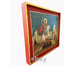 Rare Greek Orthodox icon Saint George and the dragon hand painted Antique wood