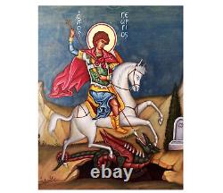 Rare Greek Orthodox icon Saint George and the dragon hand painted Antique wood