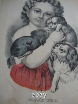Rare Hand Colored Currier/Ives Lithograph Print C. 1865 PAPA'S PET