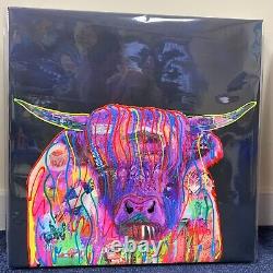 Rare Interior Art Hand Embellished Midnight Highland Cow 46cm X 46cm