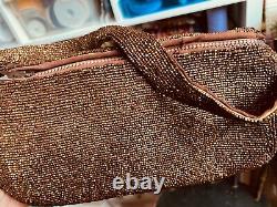 Vintage Rare 1900s Beaded Hand Sewn Handbag Copper Purse 8Lx4H x4
