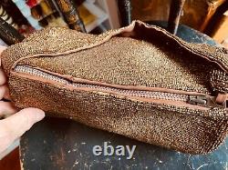 Vintage Rare 1900s Beaded Hand Sewn Handbag Copper Purse 8Lx4H x4