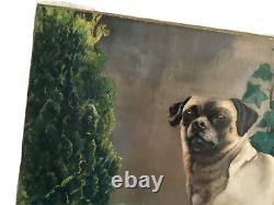 1911 Antique Dog Painting Pug Large Original Luis De Ocharan Artiste Espagnol