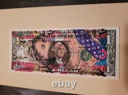 Billet de 1 dollar américain en véritable pop art original signé Death NYC. Reine Elizabeth RARE