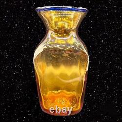 Blenko Vase Cobalt Rim Amber Ribbed Vintage Handmade Rare Art Glass 9t 4w