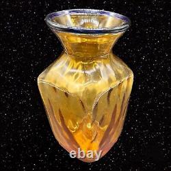 Blenko Vase Cobalt Rim Amber Ribbed Vintage Handmade Rare Art Glass 9t 4w