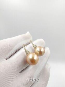 Boucles d'oreilles en perles de mer naturelles dorées super grandes et rares de 13,7 mm estampillées S925