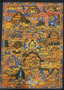 Grande Rare Peinture À La Main Tibétaine Chinoise Quegka Bouddha Vie Histoire Peinture Yoga