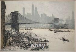 Luigi Kasimir Estching Brooklyn Bridge, New York Signé Original, Fine Rare