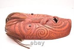 Masque Parata Maori en bois sculpté RARE Nouvelle-Zélande DENTS & CHEVEUX Art Tribal