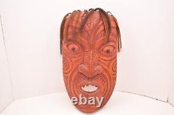 Masque Parata Maori en bois sculpté RARE Nouvelle-Zélande DENTS & CHEVEUX Art Tribal
