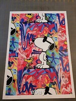Mort NYC 19x13 Artiste de rue Pop signé Rare. Snoopy Woodstock Multi Couleur