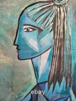 Peinture originale dans le style de la Femme Bleue de Picasso, rare profil non imprimé en lithographie.