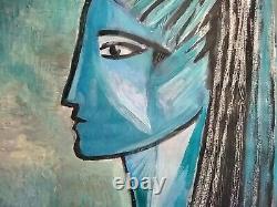 Peinture originale dans le style de la Femme Bleue de Picasso, rare profil non imprimé en lithographie.