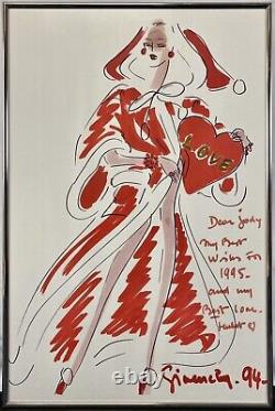 Rare 1994 Hubert De Givenchy Signé Fête De Noël Mode Sketch Imprimé Cadeau