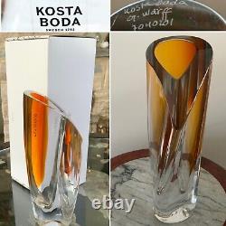 Rare Heavy 24cm Kosta Boda Aria Suède Göran Wärff Amber Art Glass Vase Box
