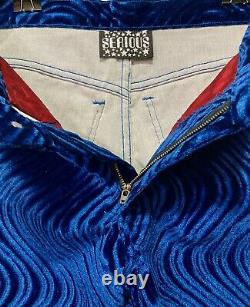 Tres Rare Serious Clothing Early 90s Vintage Blue Swirl Velvet Pantalons 28 Skinny